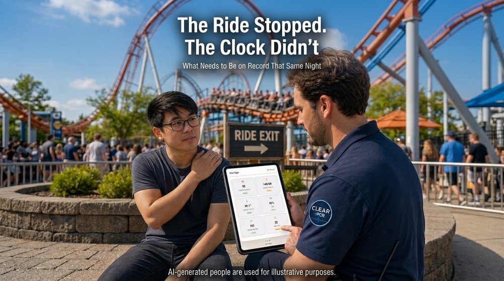A park staff member reviews a guest&rsquo;s vital signs on a Clear ePCR tablet near a ride exit, with a roller coaster behind them