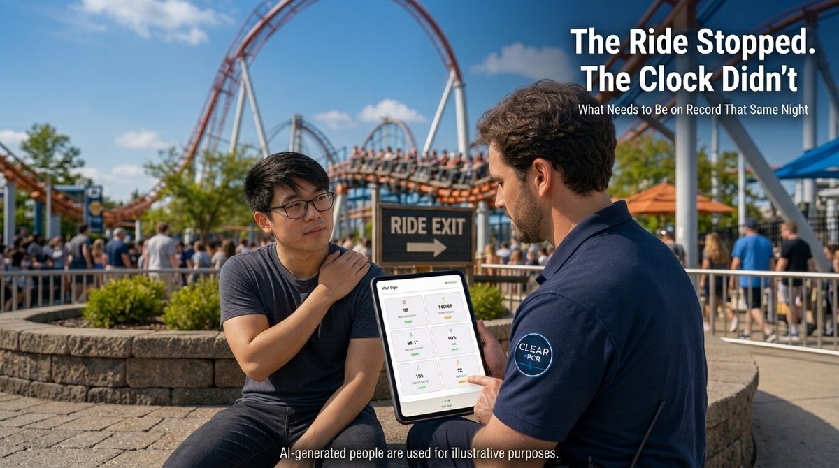 A park staff member reviews a guest’s vital signs on a Clear ePCR tablet near a ride exit, with a roller coaster behind them