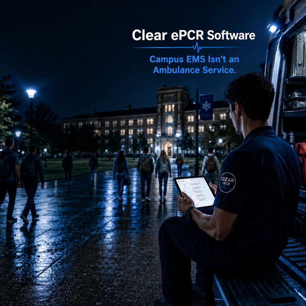 A campus EMS responder documents a call on a tablet outside a university building at night