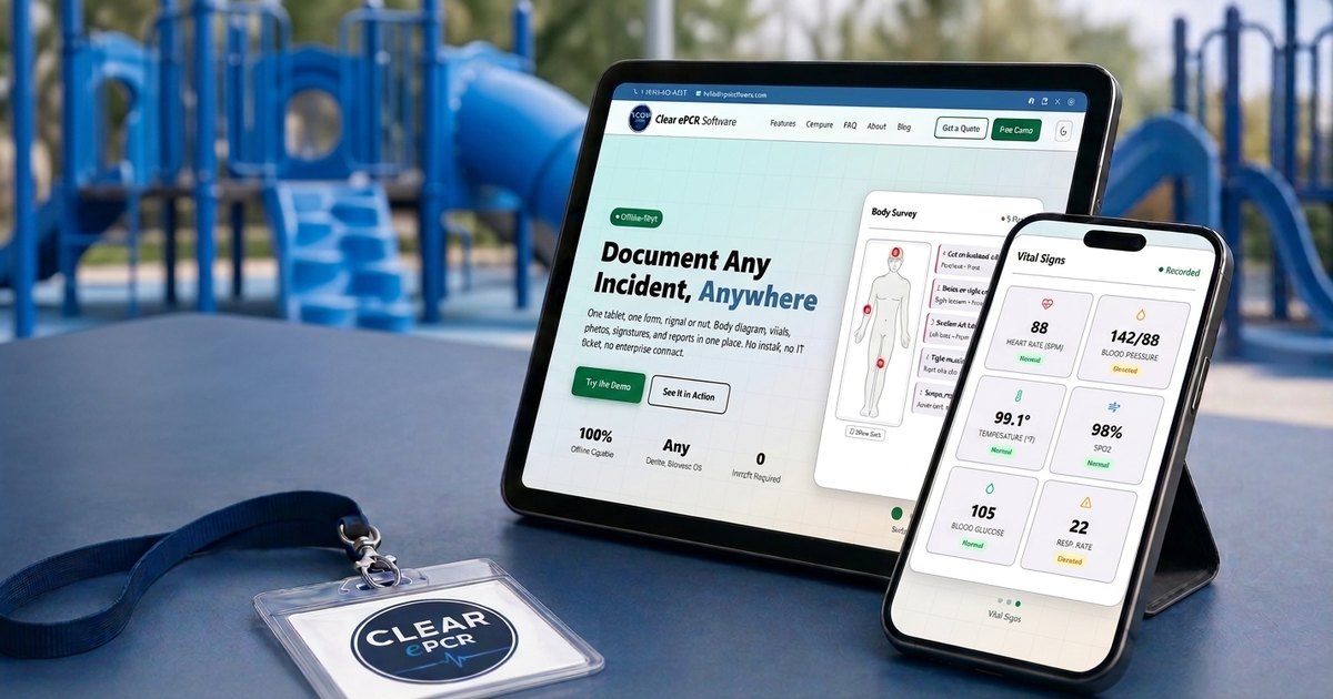 A tablet and phone showing Clear ePCR incident documentation on a table beside a playground