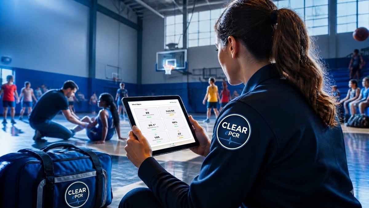 An athletic trainer reviews student vital signs on a tablet during a school gym event while a coach assists an injured student